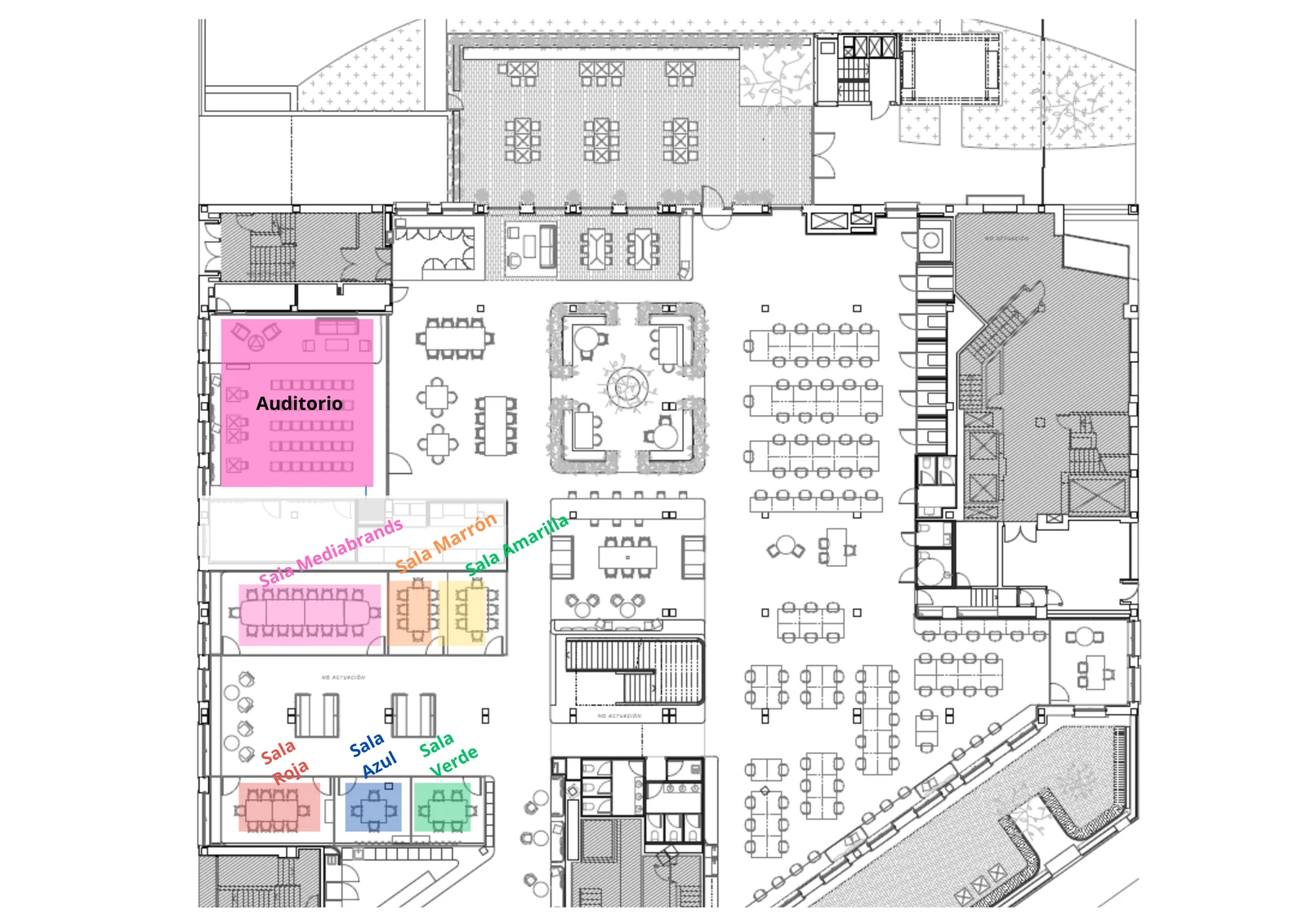 Plano de salas reservables en Planta 0: Auditorio, Sala Mediabands, Sala Marrón, Sala Manibal, Sala Roja, Sala Azul, Sala Verde